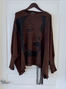 Brown Graphic Fringe Sweater with Rhinestone, Fringe and Leather Accents
